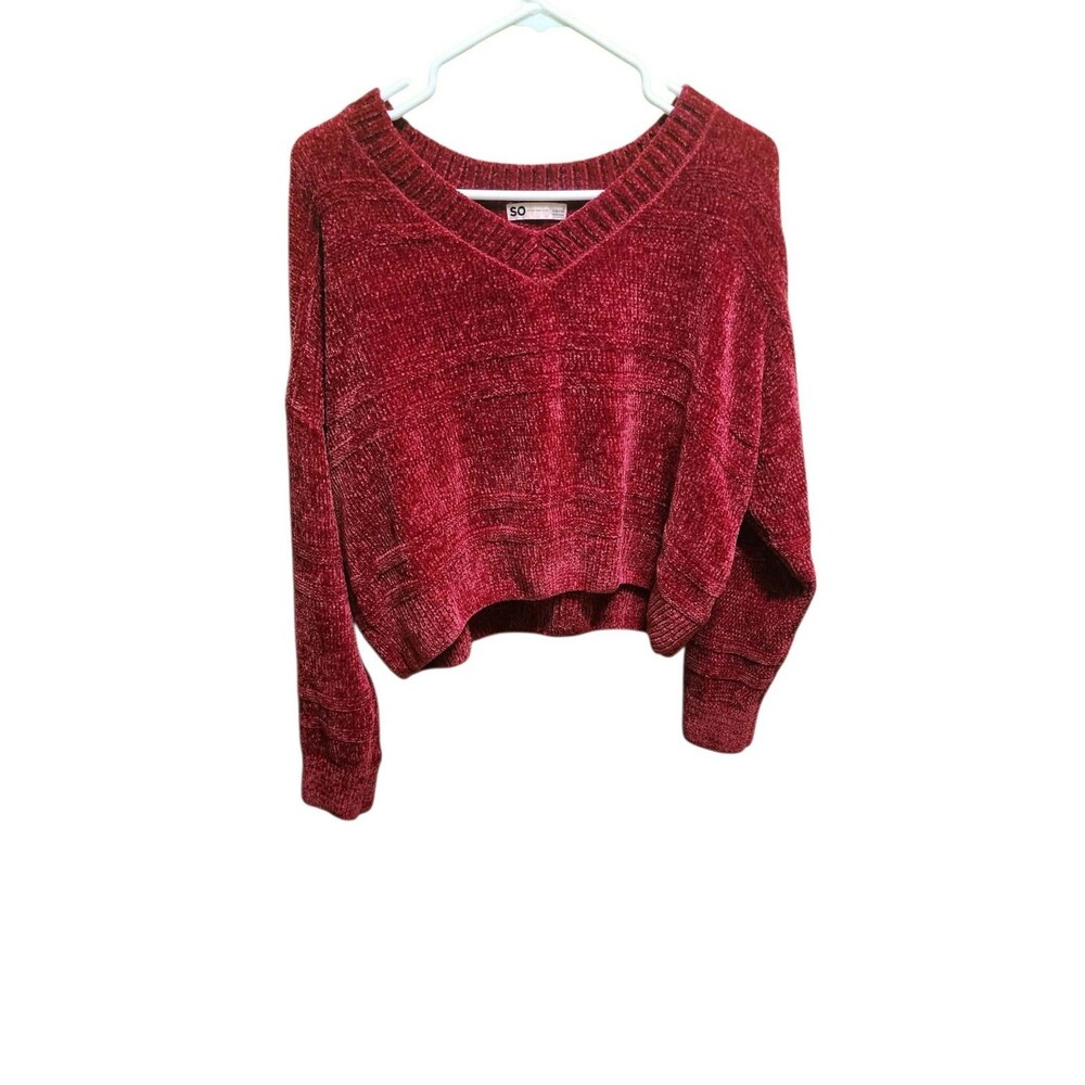 SO Women's Red Velvet Knit V-Neck Long Sleeve Pullover Cropped Sweater Size L